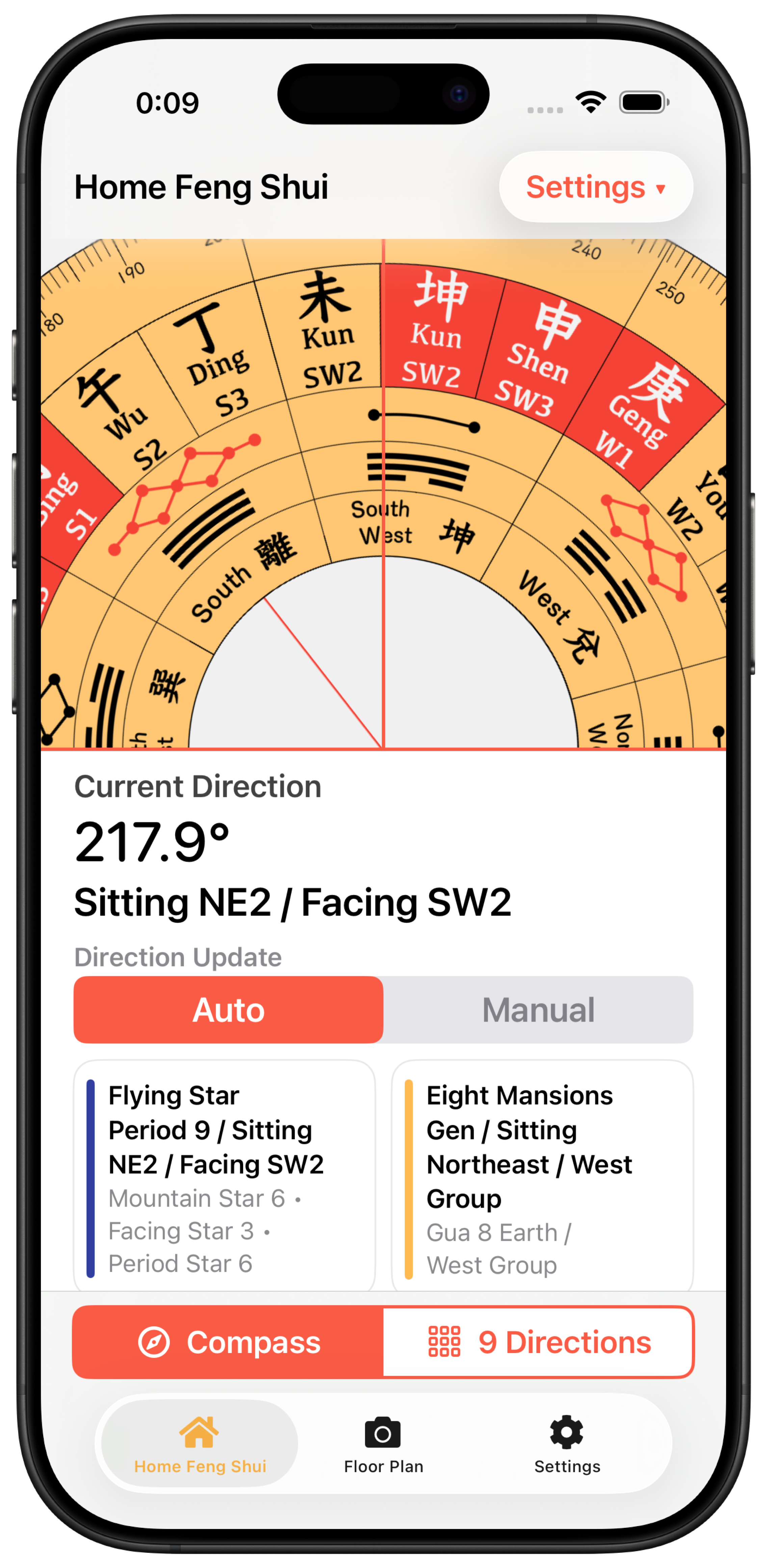 Home Feng Shui screen with manual direction controls