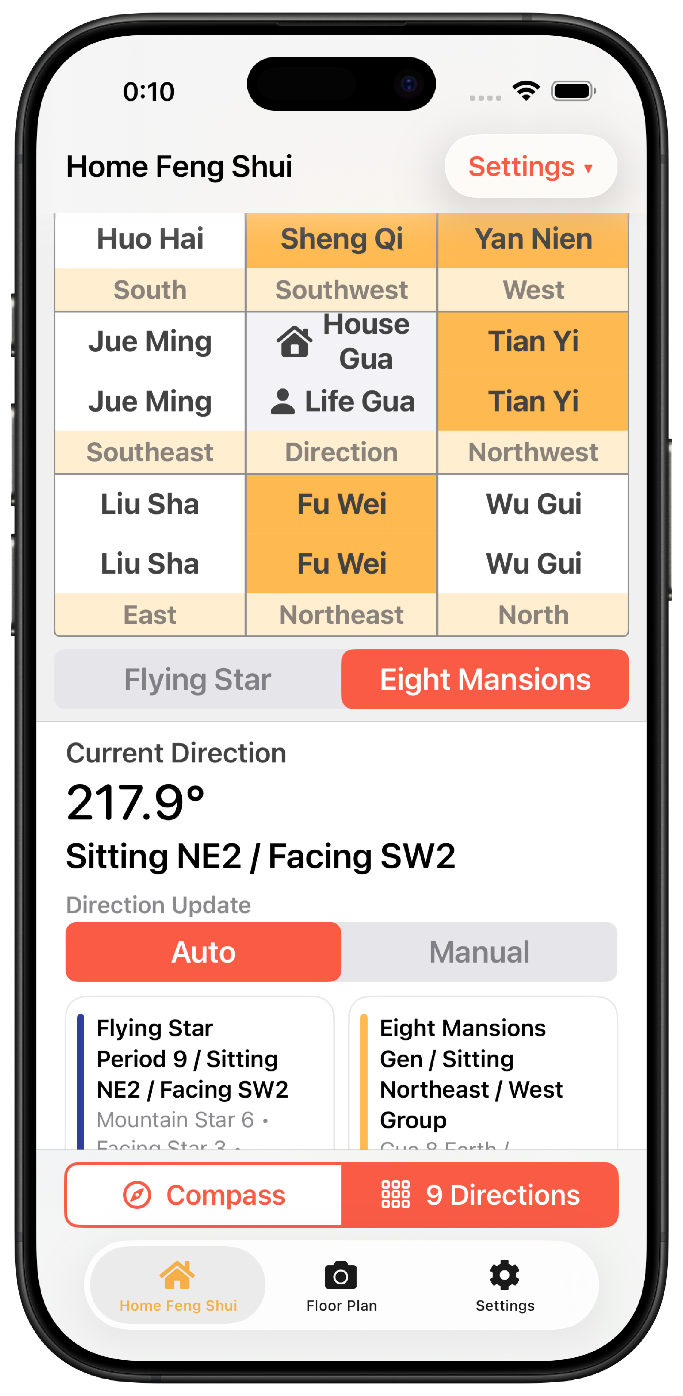 Home Feng Shui screen with Eight Mansions selected
