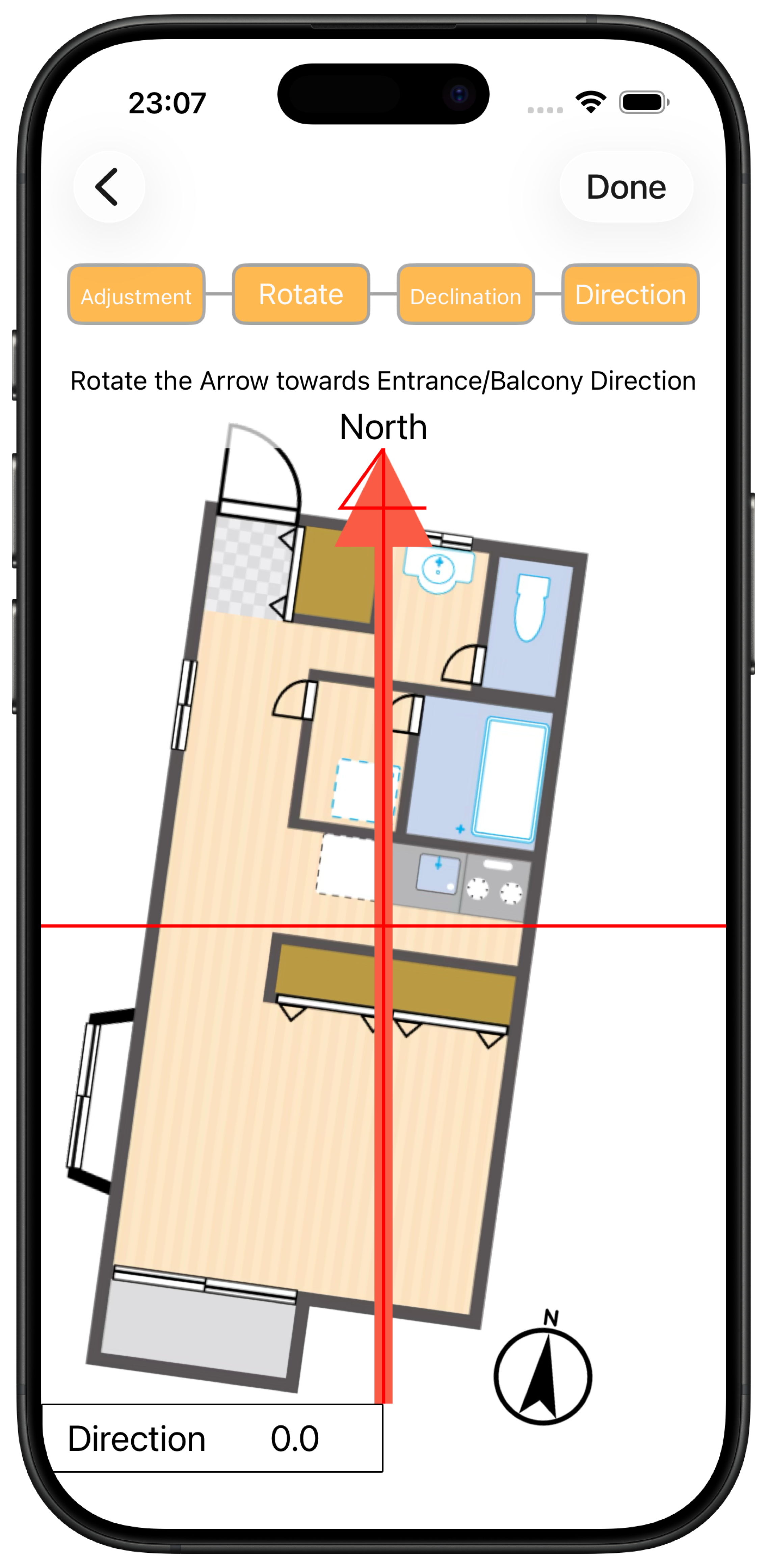 Setting the facing direction on a floor plan with the red arrow