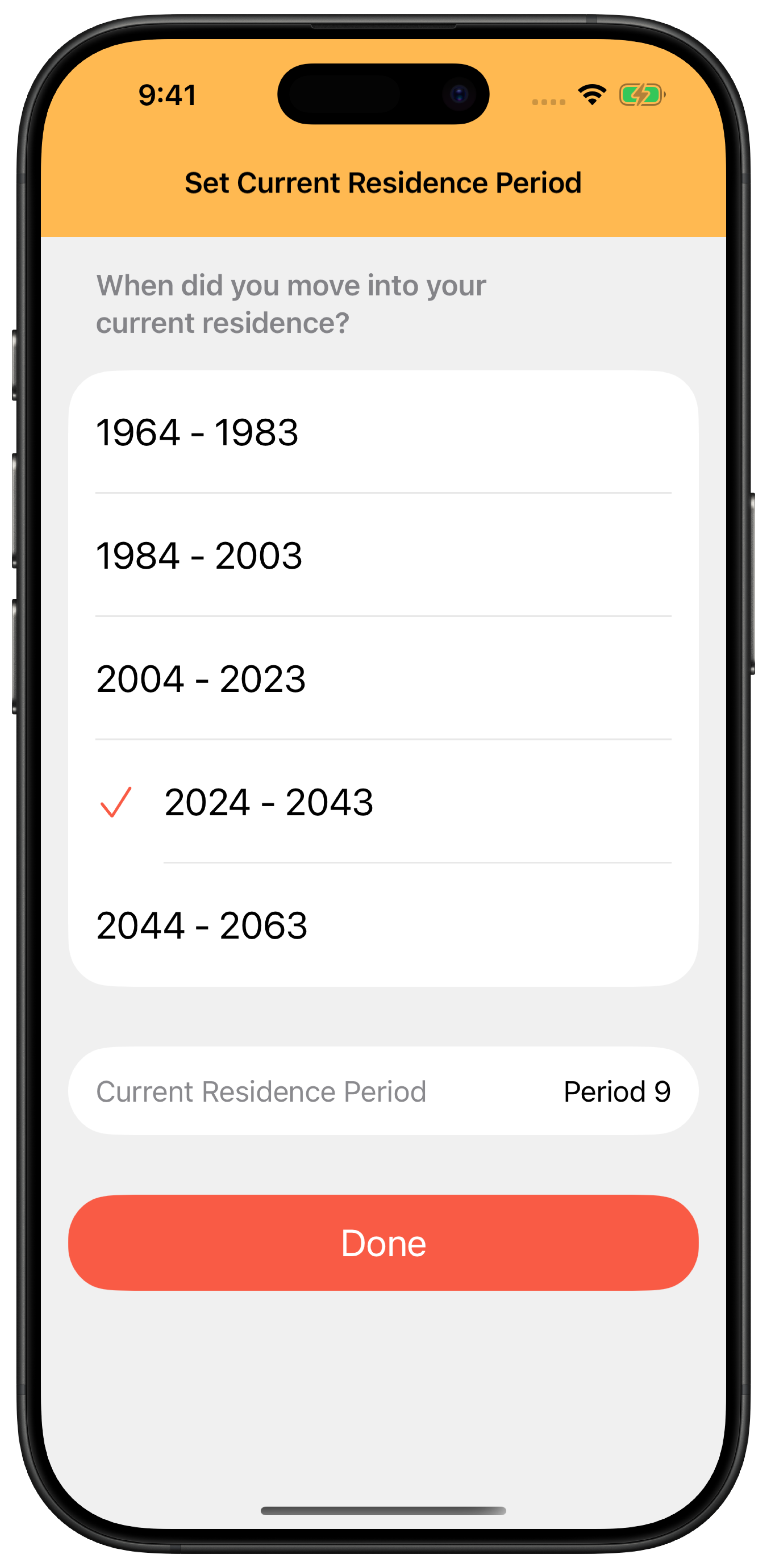 Set Current Residence Period with 2024 to 2043 selected and Period 9 displayed